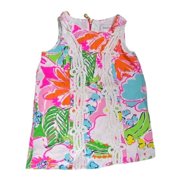 Lilly Pulitzer Baby Girl Dress 12M Pink Bright Floral Designer Shift Lace Detail - Picture 7 of 8